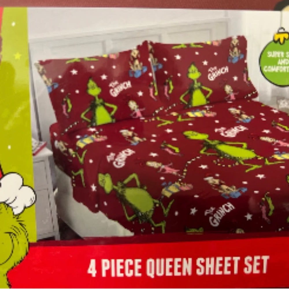 Brand new unopened, the Grinch queen size sheets
